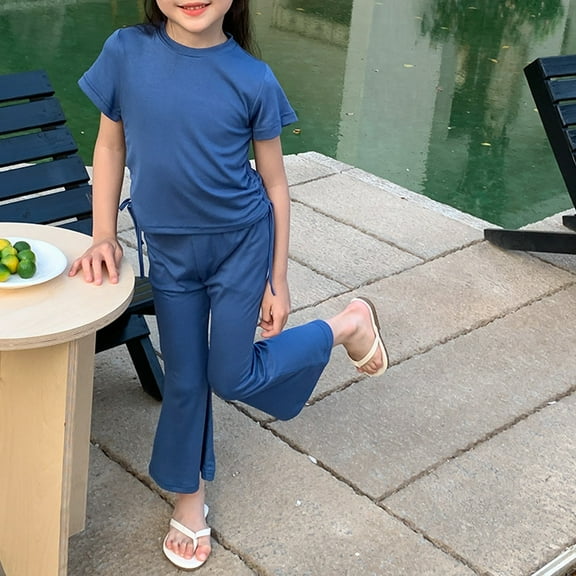 SNKSDGM 4Th of July Girls Short Sets Girls Outfits Sets Casual Summer Outfit for Toddler Girls 2 10 Years Old Drawstring Top and Flared Pants Soft Comfortable Playwear Breathable 2-3 Years