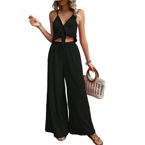 Women'S 2 Piece Outfits Sleeveless Tie Front Crop Top Wide Leg Pants Set Black L