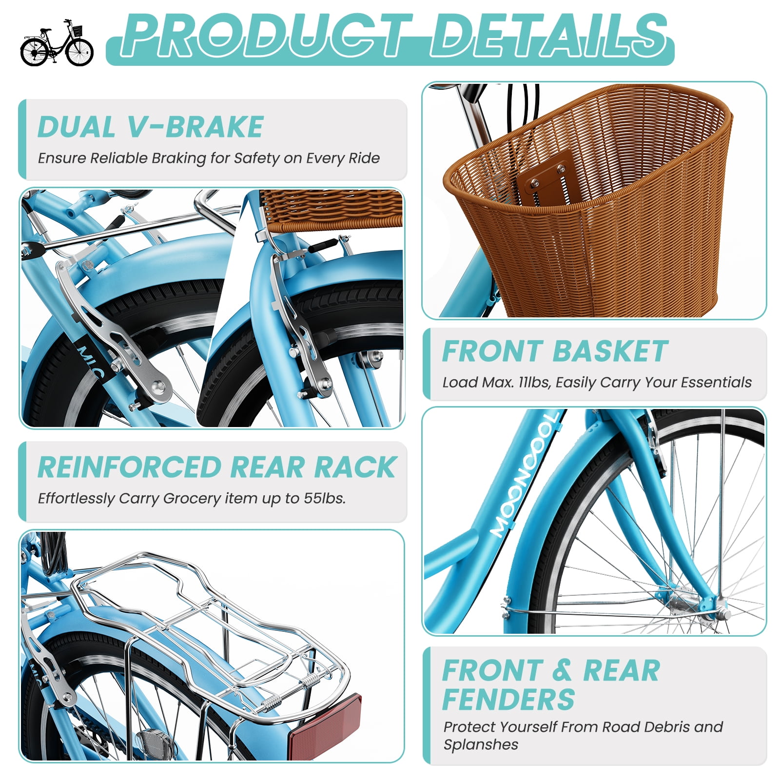 MOONCOOL 24/26 Inch Cruiser Bike for Women, 7 Speed Step-Through Bicycle with Basket, Rear Rack & Lock, Retro City Bike for Adults