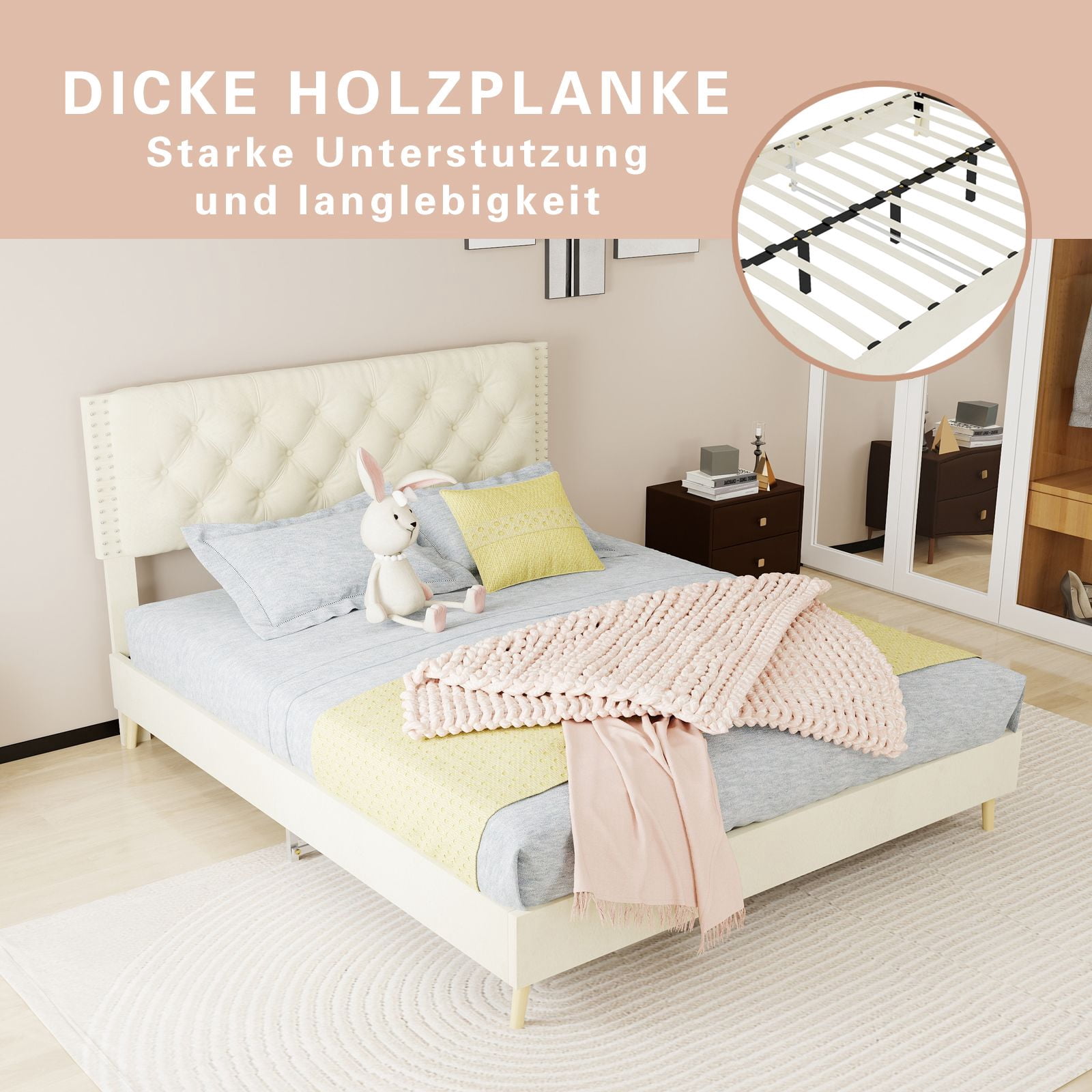 Alvantor Queen Size Upholstered Bed Frame with Padded Headboard, Holland Velvet Tufted Beige