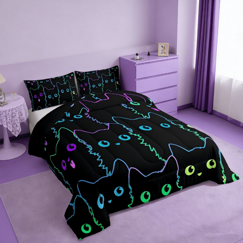 Manfei Cute Cat Full Size Comforter Sets,Cute Kitten Animal Colorful Bedding Sets For Kawaii Cat Lover Reversible 3 Pieces