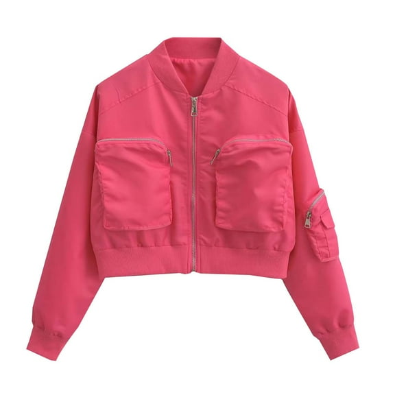 Womens Winter Bomber Jacket Varsity Jacket for Women Fashion Open Front Zipper Stand Neck Bomber Coats Casual Solid Pocket Loose Cropped Baseball Outwear Bomber Jacket