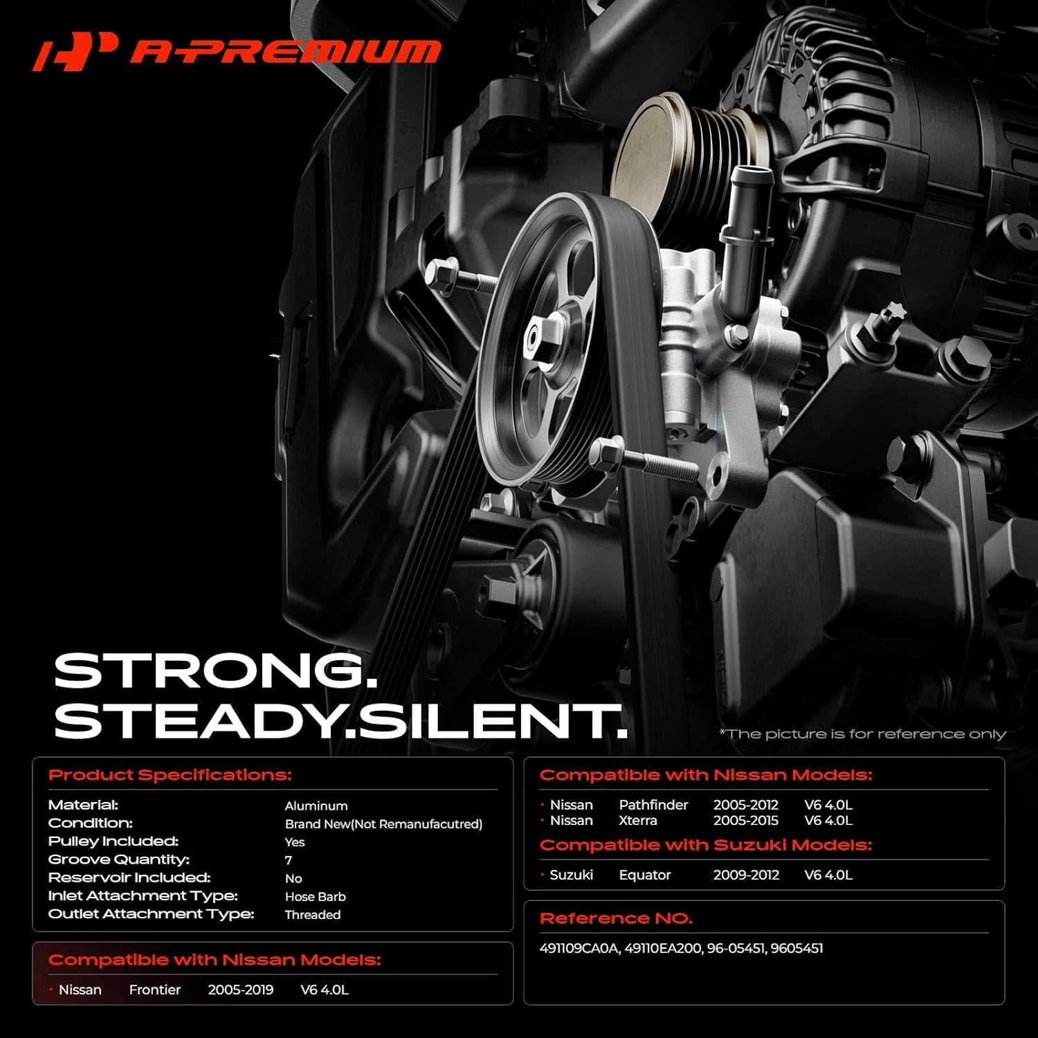 A-Premium Power Steering Pump, with Pulley, Compatible with Nissan Frontier 2005-2019, Pathfinder 2005-2012, Xterra 2005-2015 & Suzuki Equator 2009-2012, 4.0L, Replace# 491109CA0A, 49110EA200