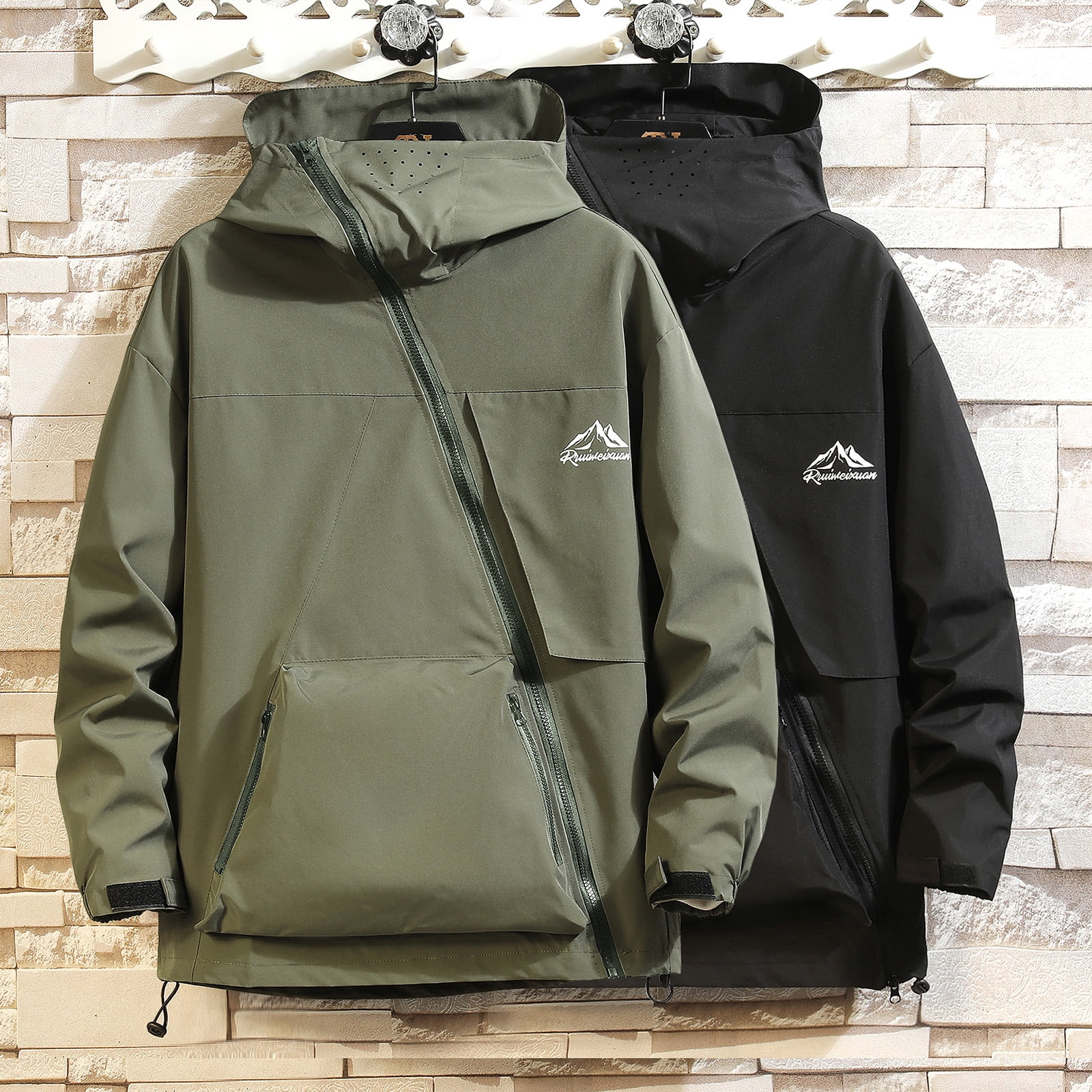 ジャケット HUECLOSET Solid Pocket Hood Jacket SW34 Mens Slanting Zipper Solid Color Hooded Jacket Waterproof