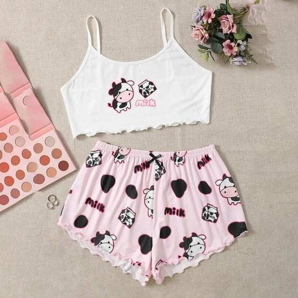 MKLEKYY conjunto de Pijama Corto para Mujer, Camisola, Lencería, Top y Pantalones Cortos con Estampado de Lechuga