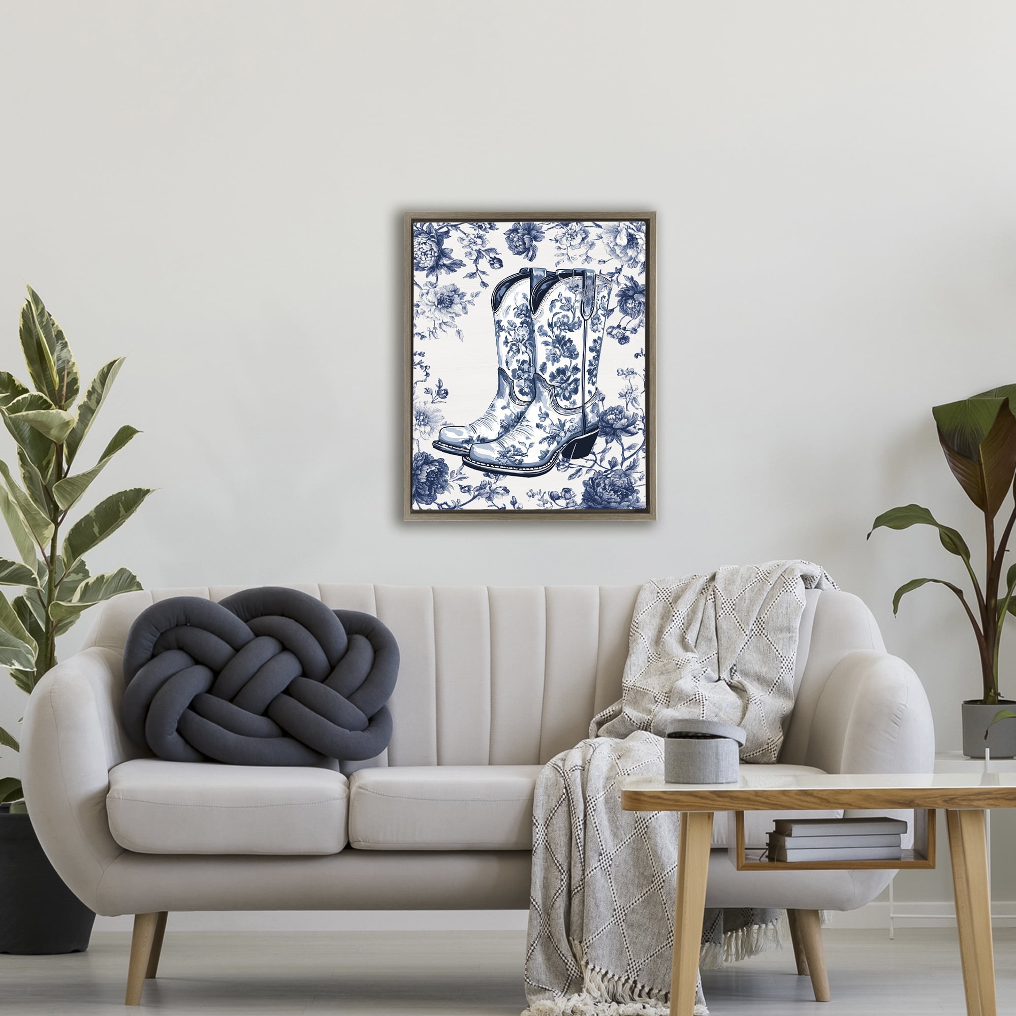 Blue Spring Florals & Boots Brown Framed Floater Canvas Wall Art, design by Lettered and Lined