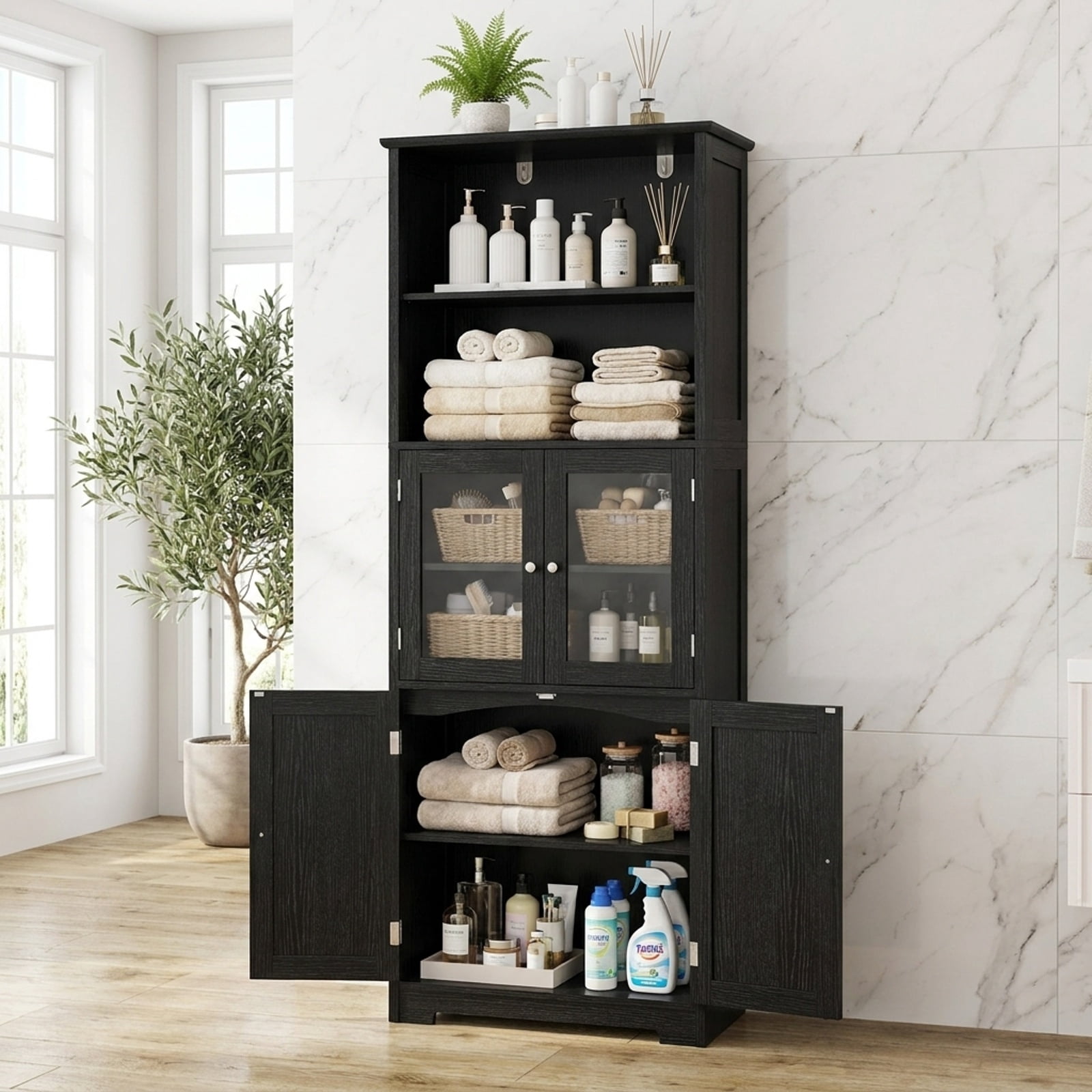 Vebreda Freestanding Bathroom Storage Cabinet, 6-Tier Freestanding Bathroom Cabinet with 2 Open Compartments and Adjustable Shelves
