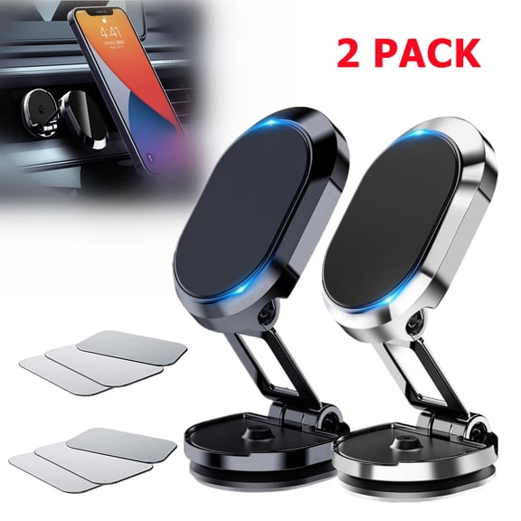2Pcs Magnetic Phone Holder for Car, Foldable Magnetic Phone Mount Multi-Functional 360°Rotation for Car Dashboard Phone Holder for iPhone, Samsung