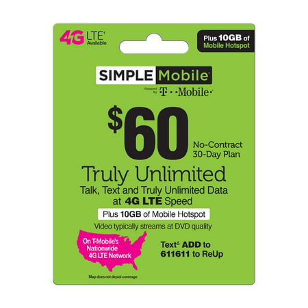 Simple Mobile $60 TRULY UNLIMITED 4G LTE** Data, Talk & Text 30 Day Plan w 10GB of Mobile Hotspot (Video typically streams at DVD quality). (Email (Best Phone Deals Unlimited Data)