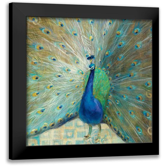 Nai, Danhui 12x12 Black Modern Framed Museum Art Print Titled - Blue Peacock on Gold
