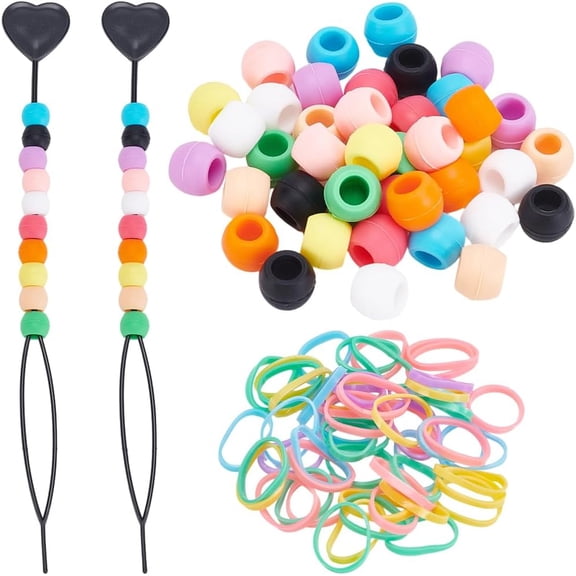 101Pcs 8x10 mm Silicone Beads for Hair Kit Rubber Beads Hair with Plastic Quick Readers Elastic Rubber Cord Mixed Colors Soft Bracelet DIY Accessories