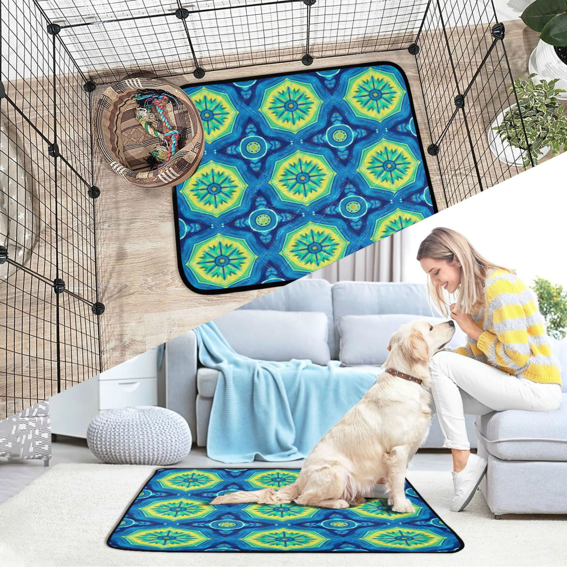 Qxltty Blue Tribal Style Pattern Cat litter Pads Pet Set of 3 Diaper Mats Center Anti-leakage Layer Absorbent Soft and Comfortable
