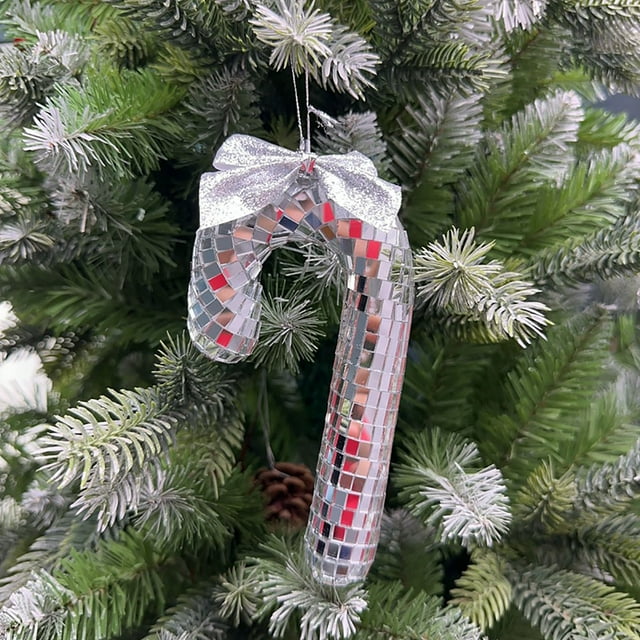 Fiudx Bastón de Nieve Navideño con Espejo de Espuma, Colgante de Vidrio Artesanal, Juego de Luces Reflectantes, Decoración Navideña Versátil, Adorno para Árbol o Repisa, Regalo Perfecto, Tamaño 16 X