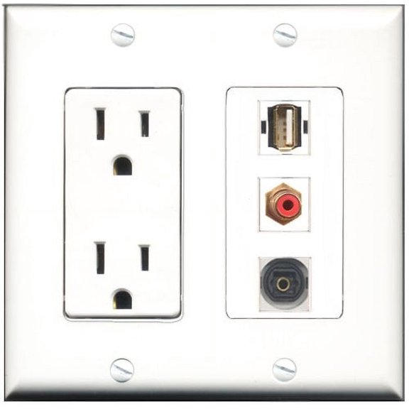 RiteAV - 15 Amp Power Outlet 1 Port RCA Red 1 Port USB A-A 1 Port Toslink Decorative Wall Plate