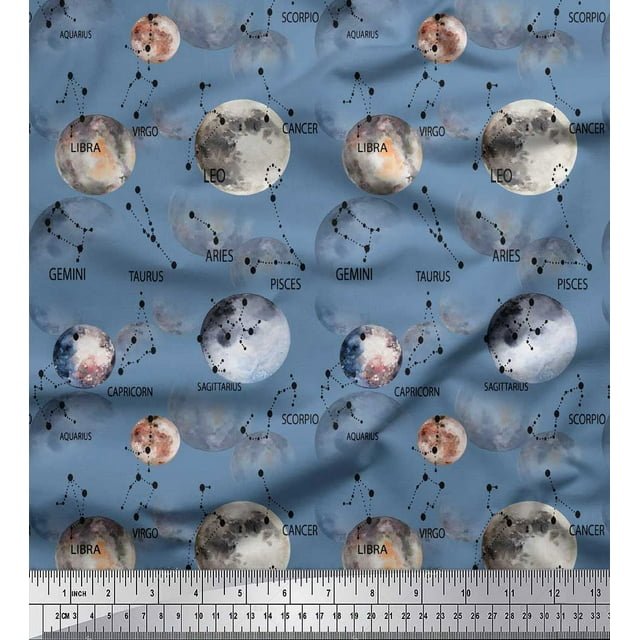 Soimoi Blue Heavy Satin Fabric Zodiac Text & Planet Galaxy Decor Fabric Printed Yard 56 Inch Wide