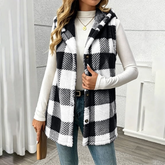 IUYRTFE Women's Hooded Plaid Button Down Vest Jacket Double Sided Fleece Casual Sleeveless Cardigan Coat