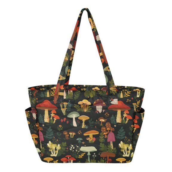 FORMRS Tote Bag for Women Quilted Large Capacity Travel Work Carry On Shoulder Handbag, Various Mushrooms Pattern