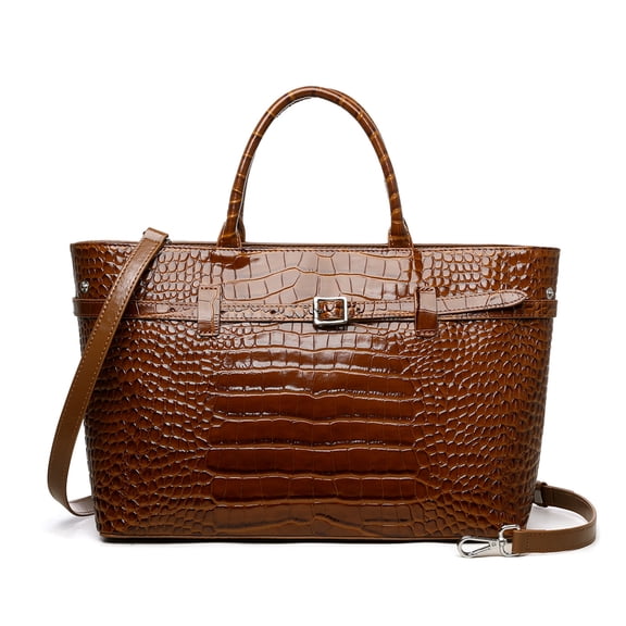 Genuine Cowhide Women Tote Bag, Glossy Crocodile Embossed Top-Handle Crossbody Purse for Work