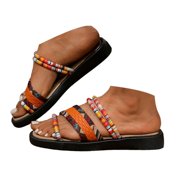 Mostsola Boho Slippers for Women Beaded Strappy Sandals Open Toe Slip on Shoes Memory Foam Flats
