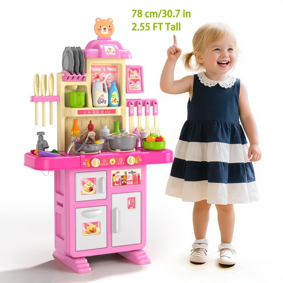 Lucky Doug Toddler Play Kitchen Toys for Girls 3-6 Years, 30.7 in/ 78 cm, Girls Play Pretend Toys Kitchen with Light Sound Spray, Gift for Toddlers Girls