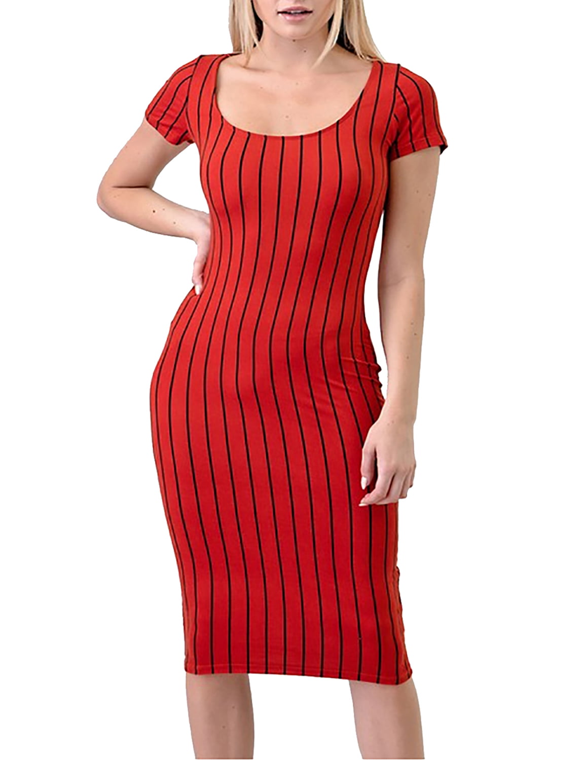 TAM WARE Women Vertical Stripe Scoop Neck Knit Bodycon Midi Dress ...