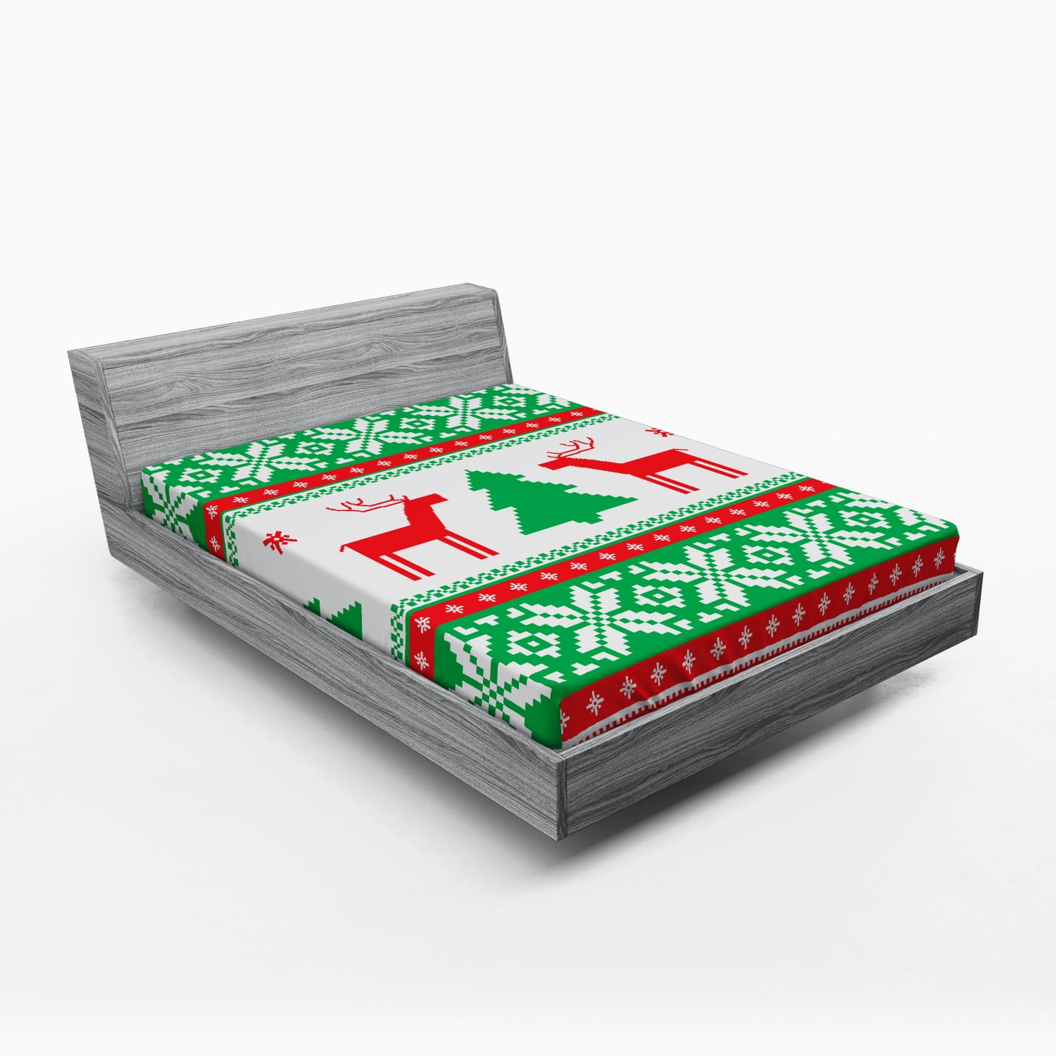 Christmas Fitted Sheet, Knit Style Graphic Reindeer Star and Snowflake