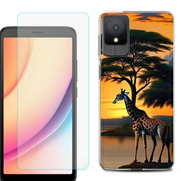For TCL K11 Phone Case Cover, Shockproof Case with Tempered Glass Screen Protector, by OneToughShield - Giraffe Sunset