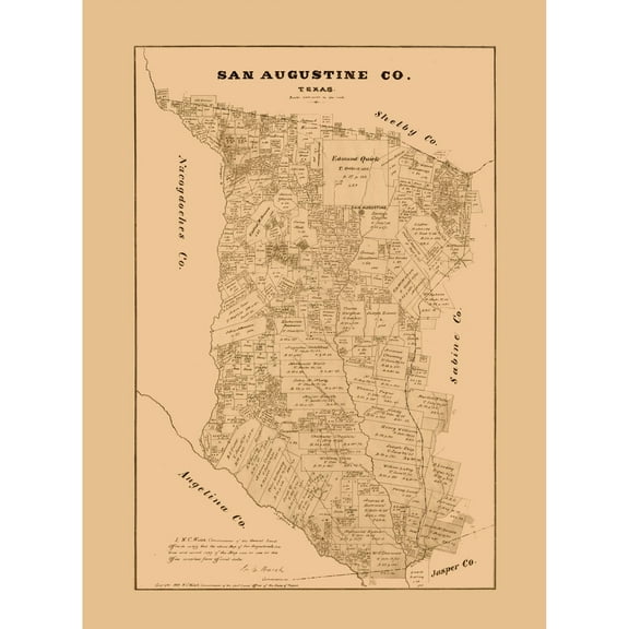 Historic County Map - San Augustine County Texas - Walsh 1879 - Vintage Wall Art