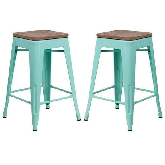Home Square 24" Backless Metal Counter Stool in Mint Green - Set of 2