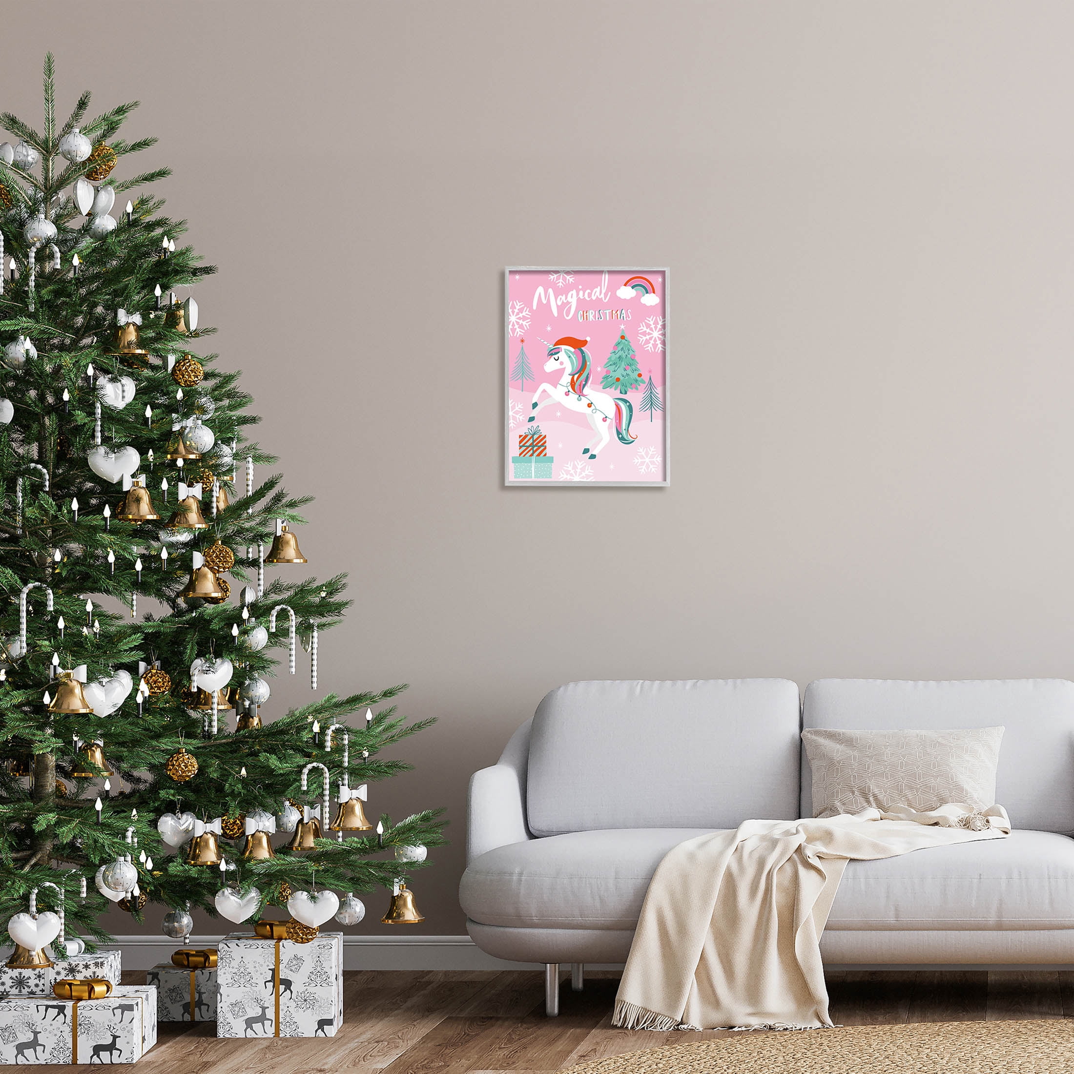 Magical Christmas Pink Unicorn Holiday Graphic Art Gray Framed Art Print Wall Art