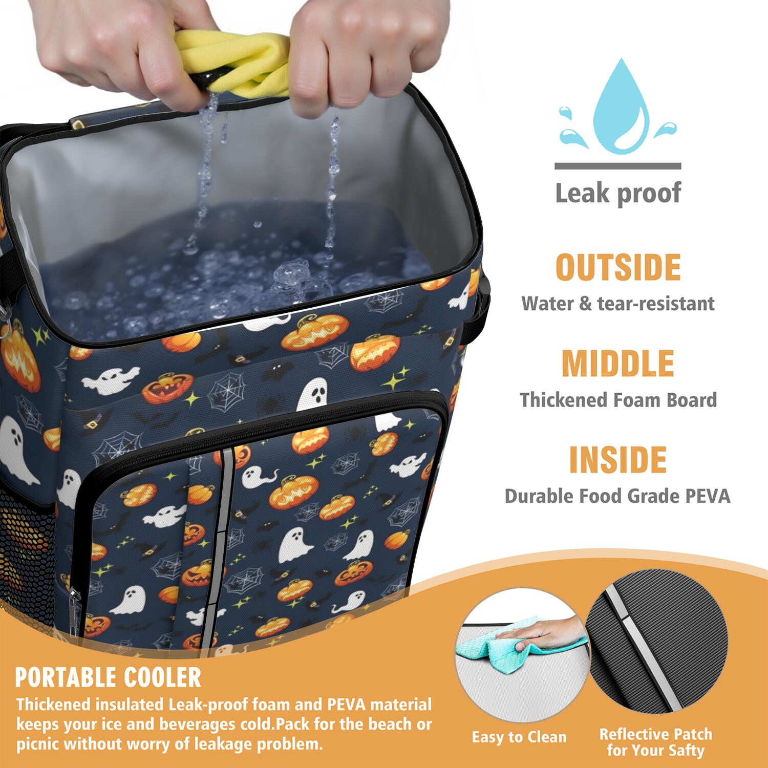 Travel Cooler Bag - Halloween Ghosts Pumpkins and Spider Webs Camping Beer Cooler Backpack with Bottle Opener- Waterproof Insulated Picnic Backpacks - Cooler Bag for Beach