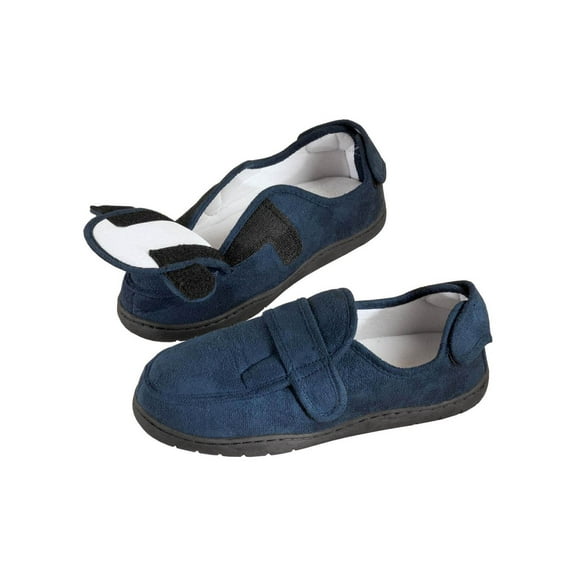 Plush Memory Foam Slippers, Adjustable for Custom Fit, 100% Polyester, Sturdy Rubber Soles, Unisex - Navy Blue, Medium