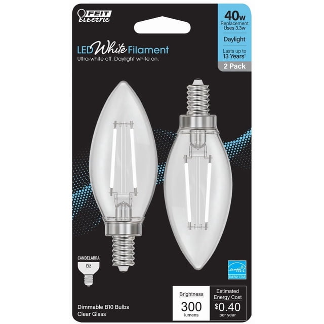 Bombilla Feit Electric B10 E12, filamento LED, 40 W, luz diurna, paquete de 2 unidades