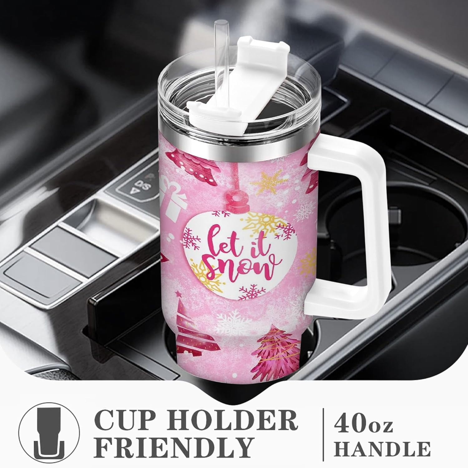 40oz Pink Christmas Tree Tumbler - Stainless Steel Insulated Mug with Handle and Straw, Christmas Gift for Women & Girls