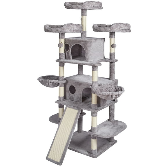 KFFKFF Cat Tree Tower 68.5" Indoor Cat Climbing Frame, Multi-Level Playhouse with Dual Kitty Condos, Sisal Posts, Hammocks, Elevated Lookouts, Activity Platforms, Ramp, and Play Balls (Light Grey)