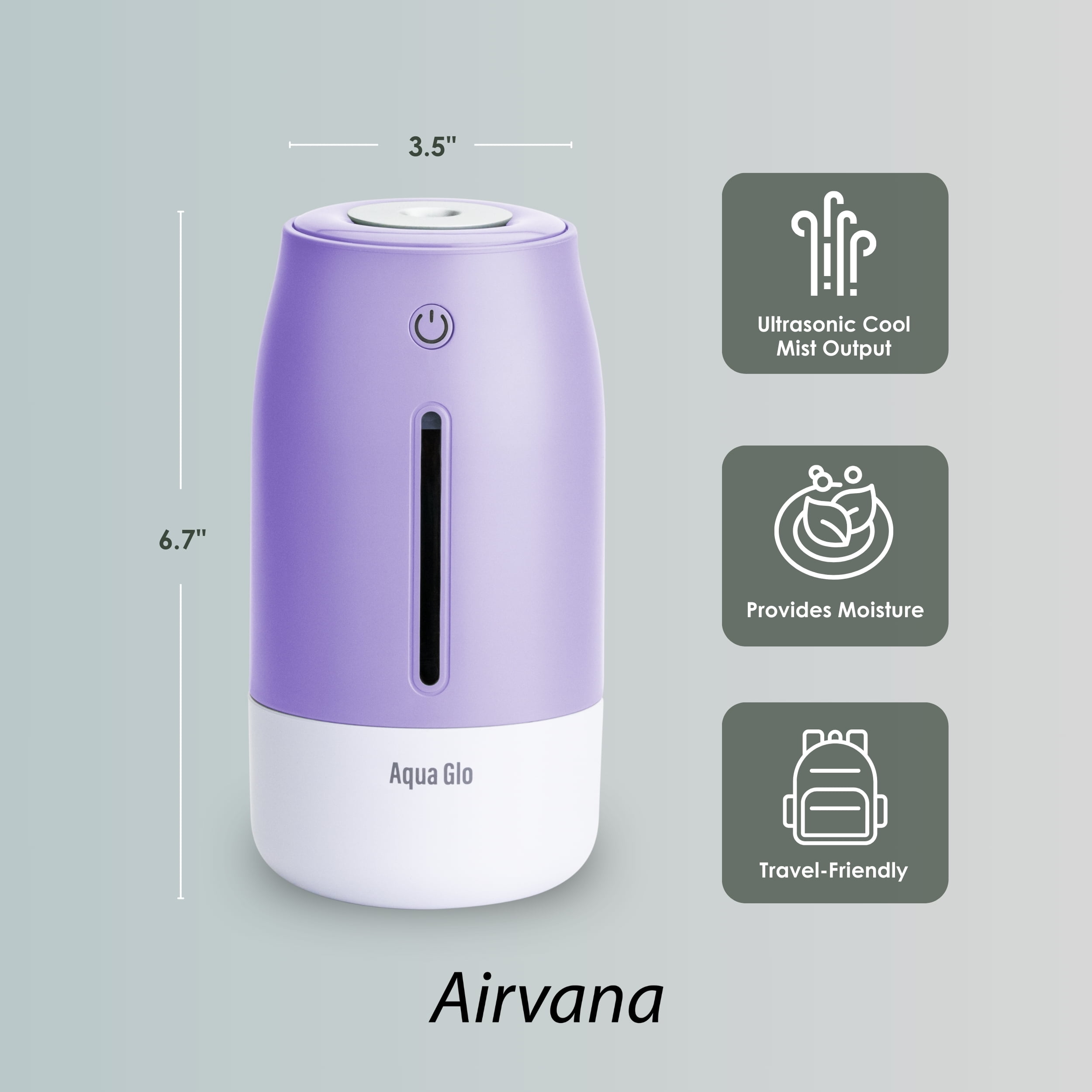 Airvana Aqua Glo Personal, Portable Humidifiers for Bedroom – Ultrasonic Cool Mist Humidifier with Built In Rechargeable Battery. Air Humidifier for Baby, Plants, Home, Office, Travel. Lavender