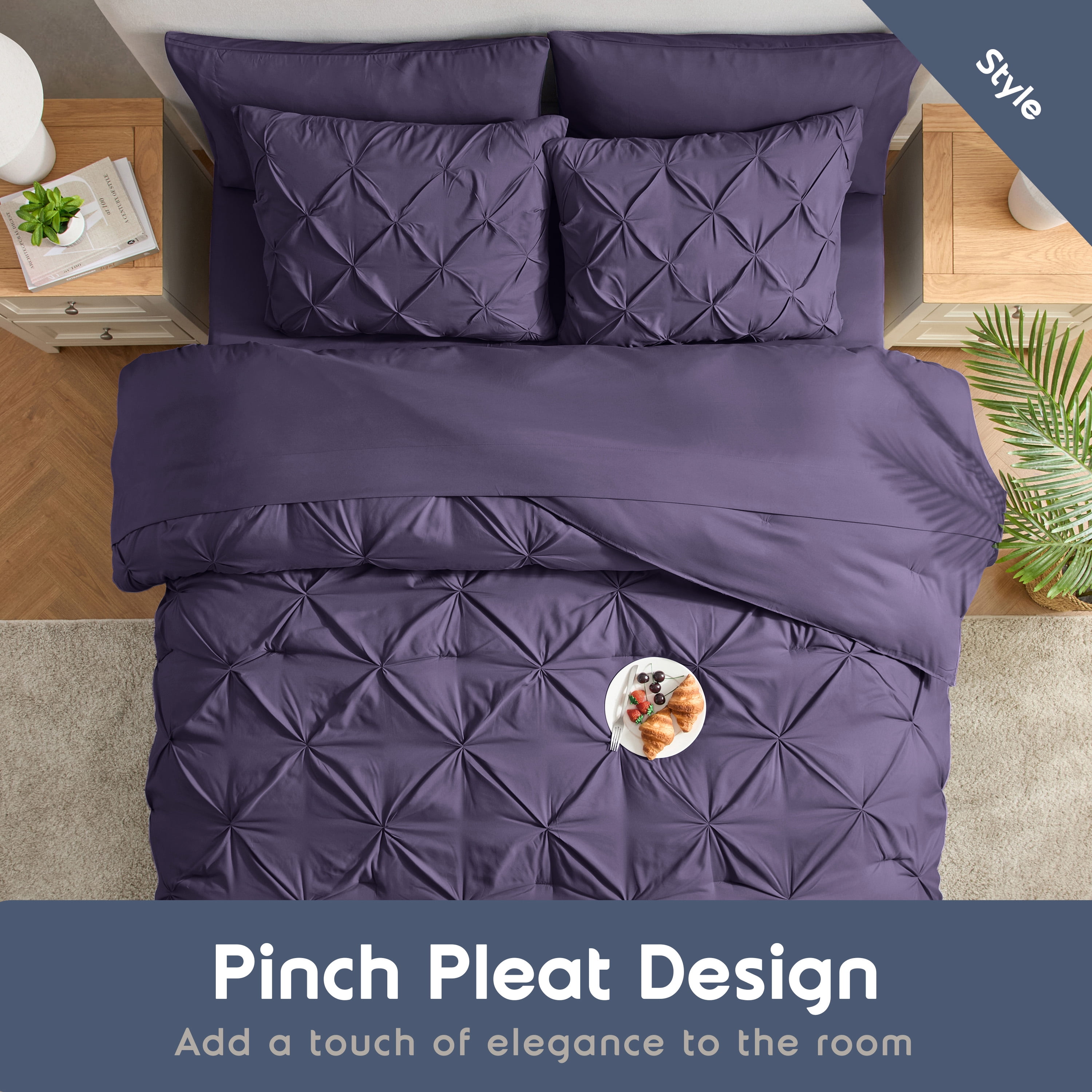 LammaLoe California King Size comforter Sets, 7 Piece Bed In A Bag Pintuck Bedding Sets, Purple