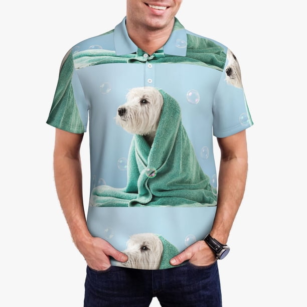 Balery Dog Wrapped in Towel Camisa Polo de Hombre con Estampado, de Manga Corta y Tejido Medio, Camisa Tipo Golf Polo-X-Large