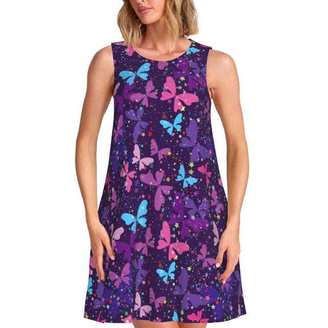 Easygdp Bright Purple Butterflies para Vestido Transpirable de Mujer, Vestido Suelto de Manga Corta con Pliegues y Bolsillos para el Verano