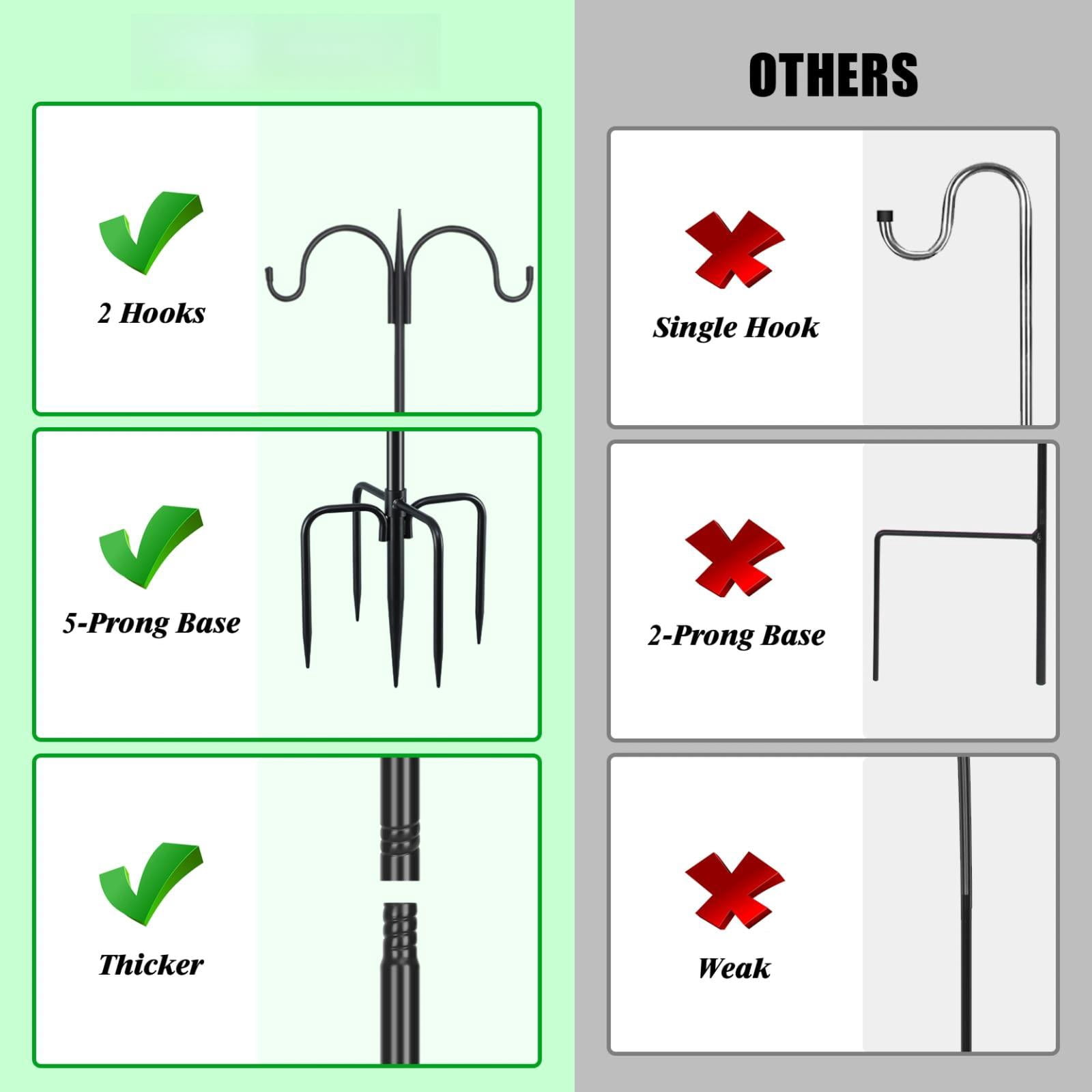 Adjustable Double Shepherds Hook For Outdoor With 5 Prong Base 63 Inch Heavy Duty Two Sided Bird Feeder Pole Hanging Plant Baskets  Solar Light Lanterns Wind Chimes 2 Pack