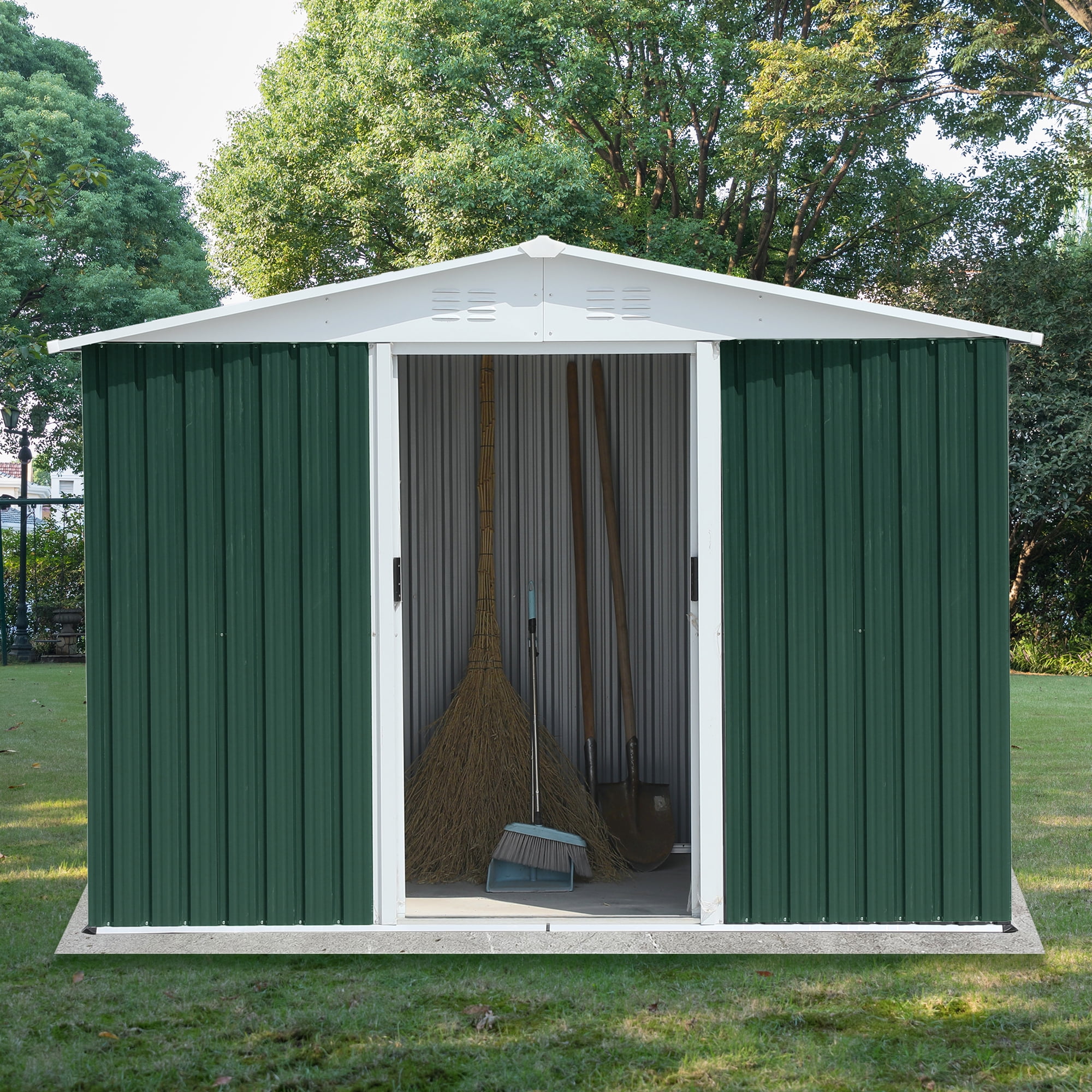 Mintazer 8x6 ft Apex Roof Outdoor Metal Storage Shed with & Lockable Sliding Double Doors, Ventilated Galvanized Steel Garden Tool Storage House for Backyard Patio Lawn, Green