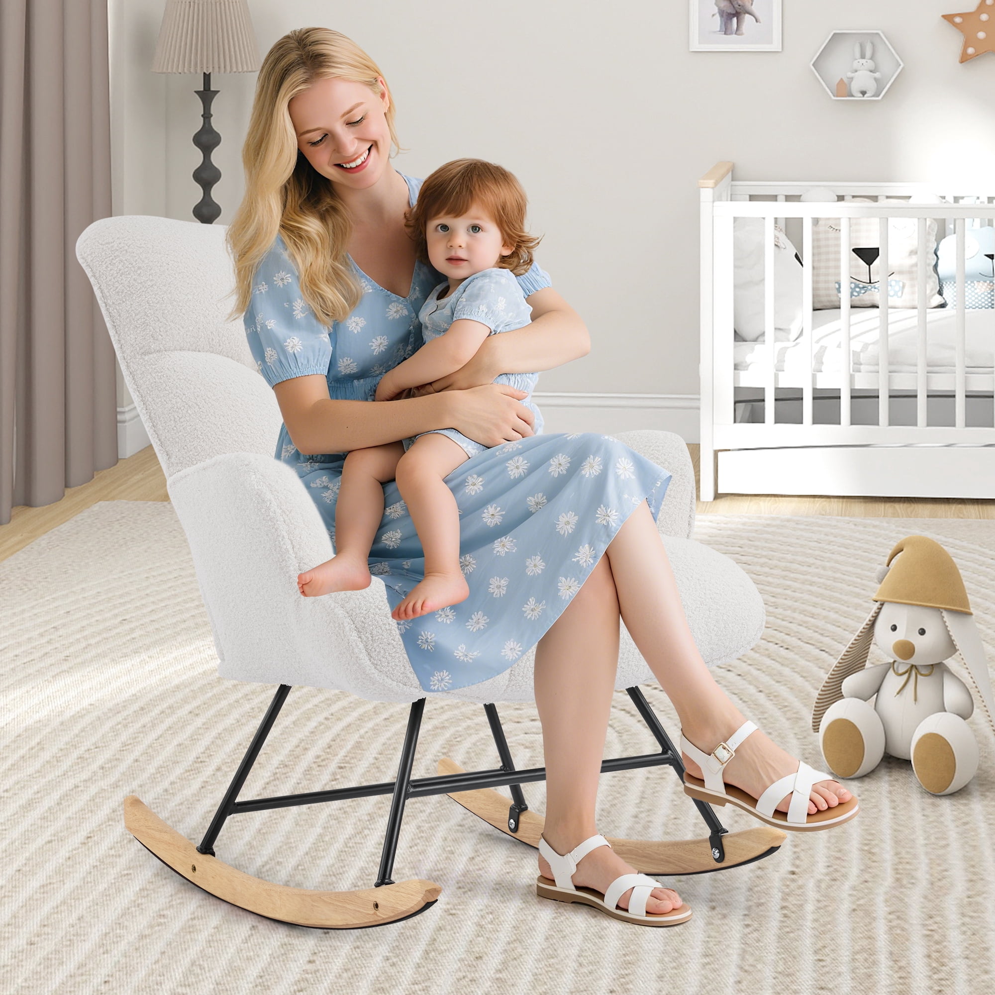 Nursery Rocking Chair Teddy, Upholstered Glider Rocker with High Backrest, Comfortable Stylish Accent Armchair with Padded Seat for Living Rooms, Bedrooms, Offices