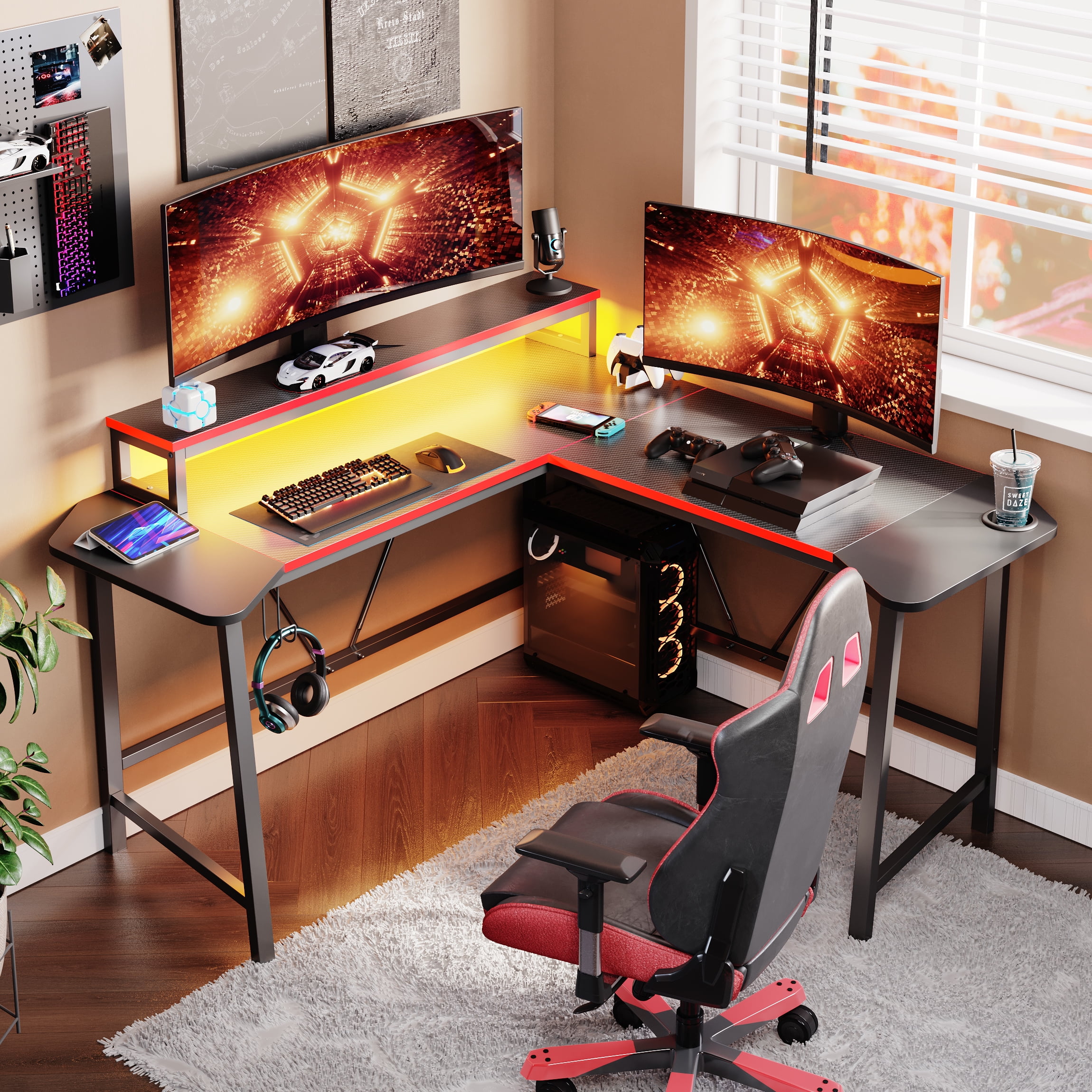 Bestier L-Shaped Gaming Desk 57 Inch Corner Computer Desk with LED Lights & Monitor Riser, Carbon Fiber
