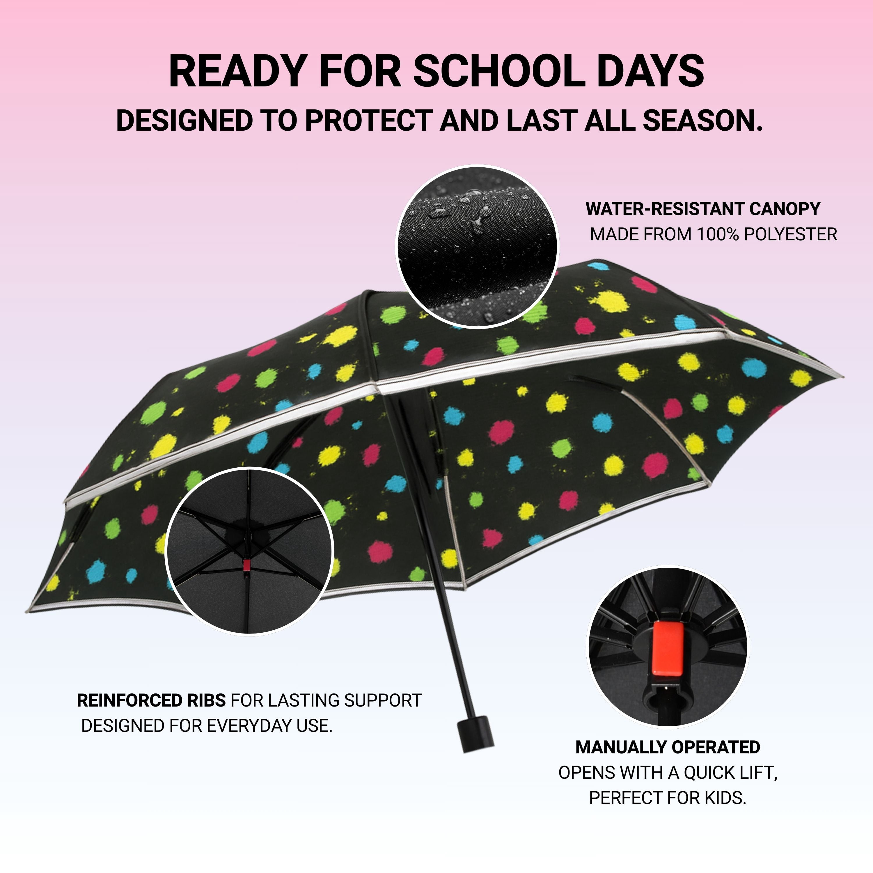 Knirps Bubble Bust Rookie Manual Rain Umbrella for Elementary and Middle School Kids – 35.4" Canopy with Reflective Safety Stripe, Lightweight Design, Wind Tunnel Tested, Carrying Case Included