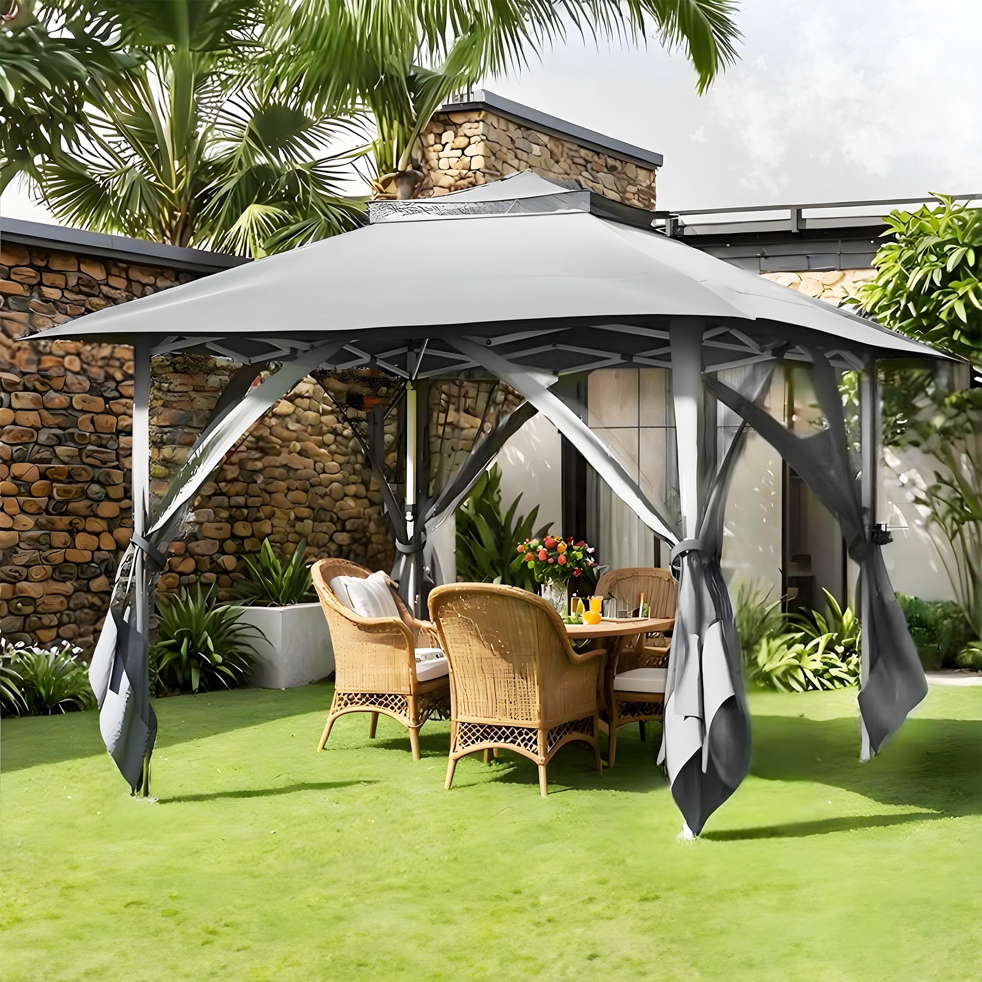 Uforic 12'x12' Pop Up Gazebo, Outdoor Double Roof Gazebo Tent with Netting Walls, Double Vented Roof Canopy, Beige
