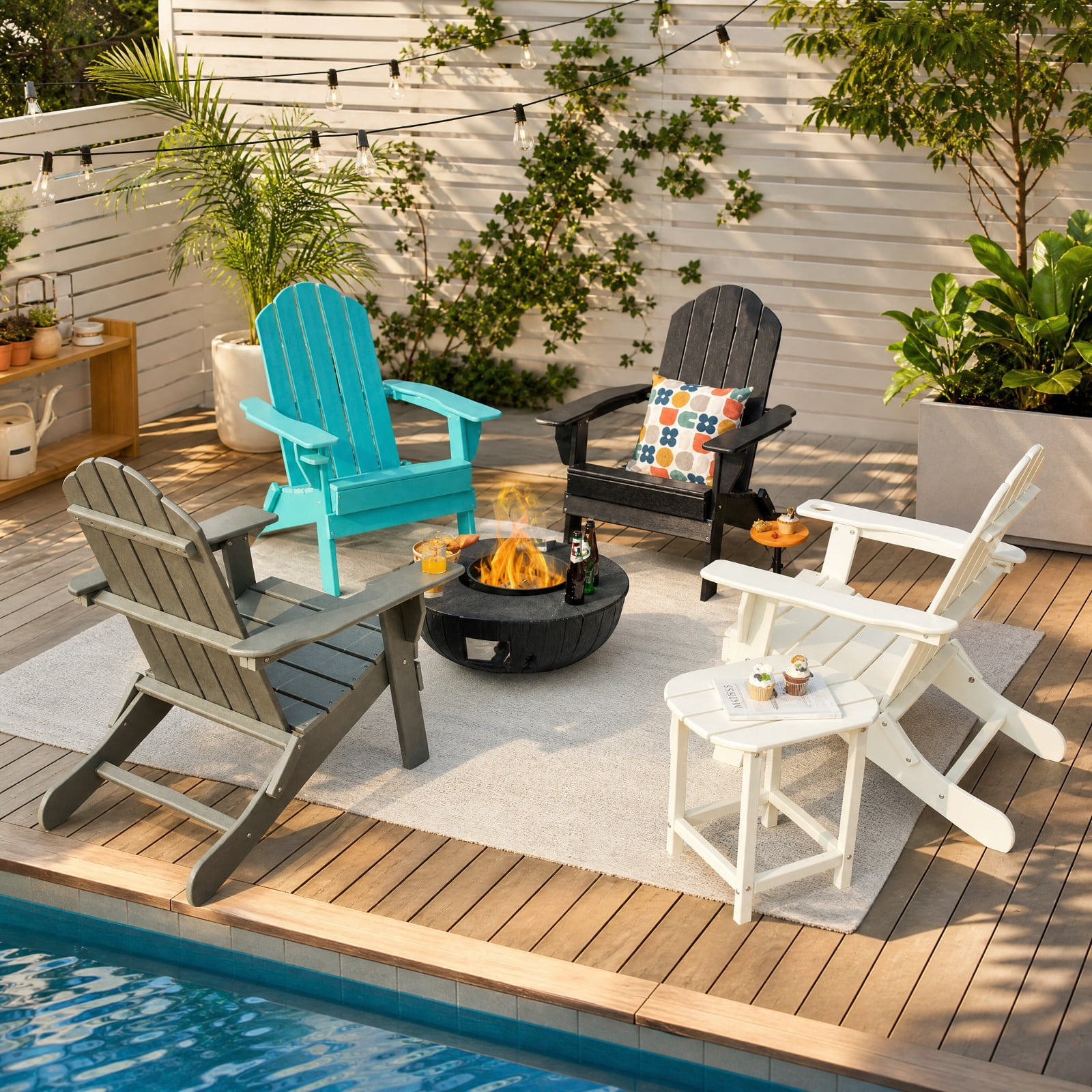 Furnibear Foldable Weather Resistant Adirondack Patio Chair with Built-In Cup Holder and Wide Armrests for Porch Backyard and Poolside, Black