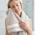 thumbnail image 6 of REGALWOVEN 2 Pack Pure Cotton Hand Towels with Textured Stripe Border, Soft Absorbent Quick Drying Decorative Towel Set for Bathroom Camel 29" x 13", 6 of 7