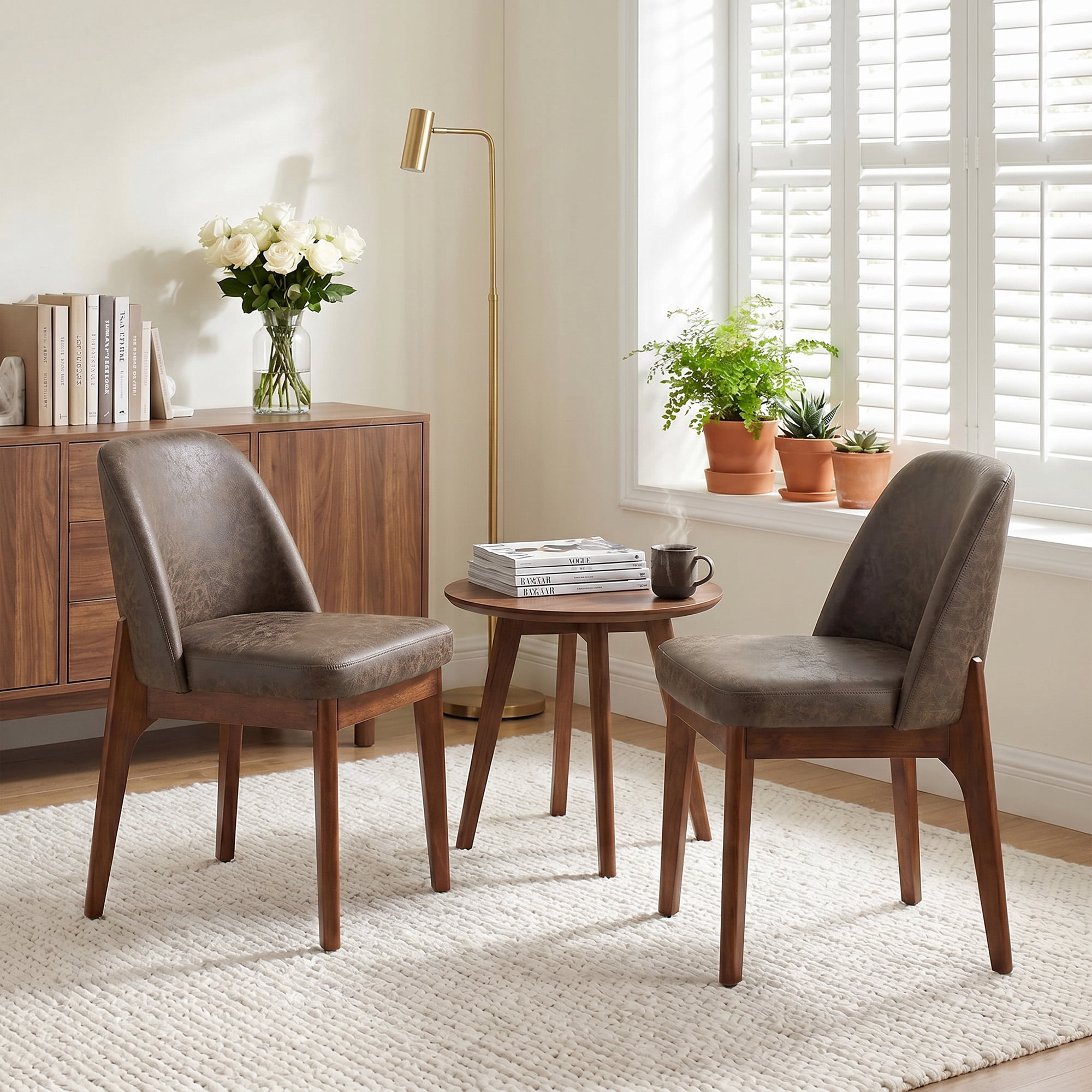 19.7" W Faux Leather Dining Chairs Set of 2, Modern Upholstered Kitchen Chairs with Solid Wood Legs, Easy Clean, Dark Brown
