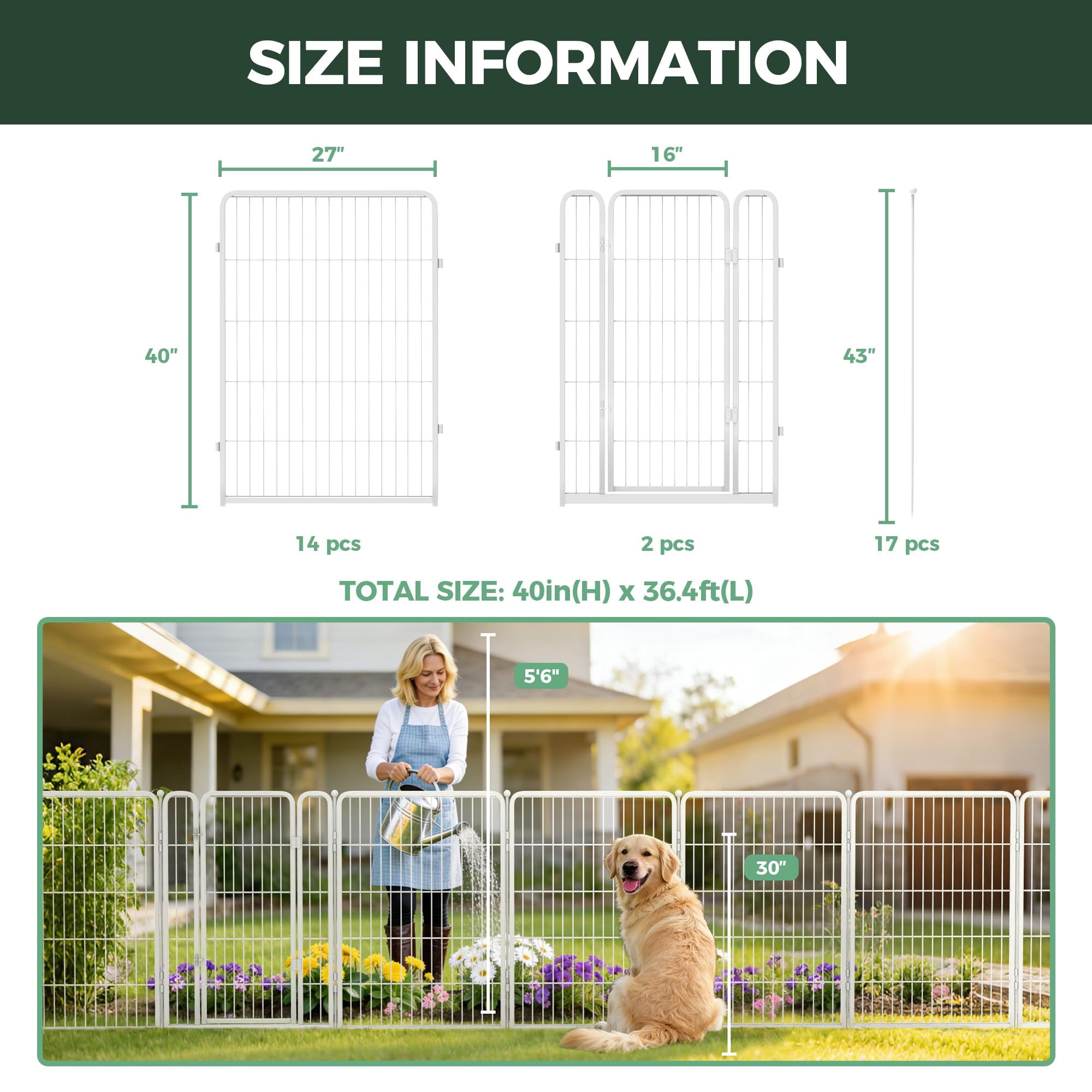 FXW Garden Fence Outdoor for the Yard – 40in(H) x 36.4ft(L) Heavy Duty Metal Animal Barrier for Dog, No Dig Decorative Dog Fence, 16 Panels, White