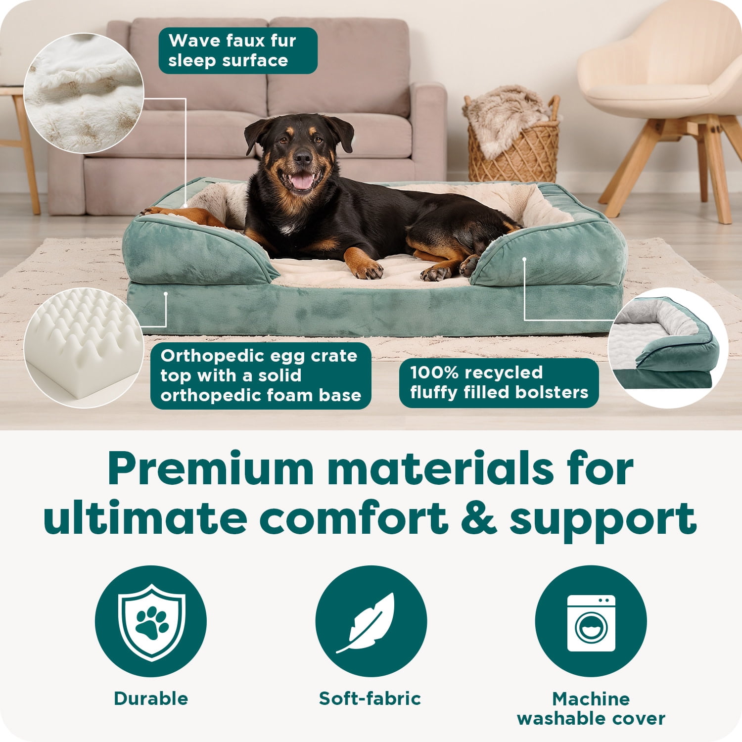FurHaven Orthopedic Dog Bed For Large Dogs, Sofa-style With Orthopedic Egg Crate with a Solid Orthopedic Foam Base for Joint Support, Washable Cover, Jumbo XL, Plush & Velvet Waves, Celadon Green